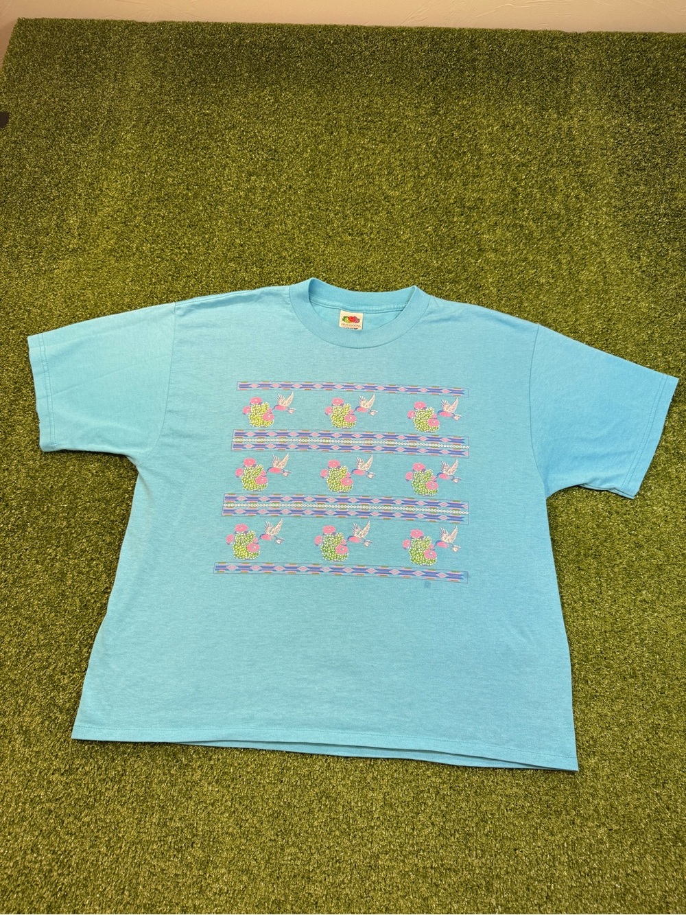 Vintage Fruit of the Loom Single Stitch Blue Babydoll T-Shirt Hummingbird Cactus